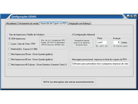 Configuracoes dos Cupons NAO Fiscais