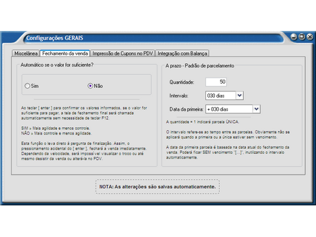 Configuracoes do Fechamento da Venda