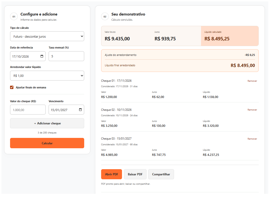 Demonstração da Calculadora de Juros em Cheques Web
