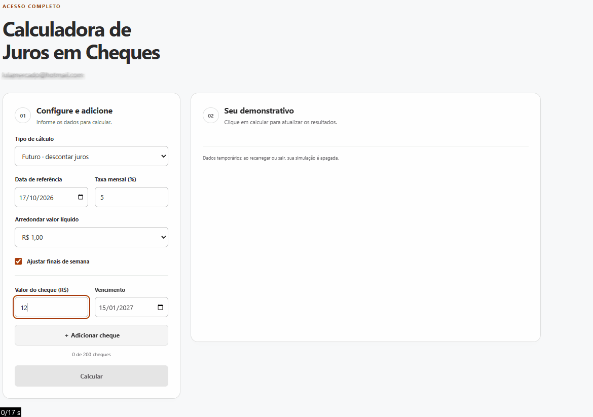 Demonstração da Calculadora de Juros em Cheques Web